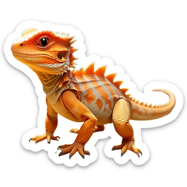 cinematic-bearded-dragon-realistic-full-body-standing on all fours-emoji,-rough-scaled-body-balanced-on-strong-legs,-spiky-throat-slightly-flared,-head-tilted-dramatically,-warm-orange-and-brown-patterns-glowing-under-the-sun,-simplified-yet-realistic-focused-features,-highly-detailed,-glowing-with-an-almost-sarcastic-glow sticker