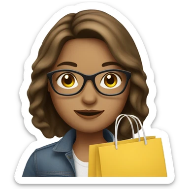 Girl with shoulder-length brown hair, round glasses with shopping bag  sticker