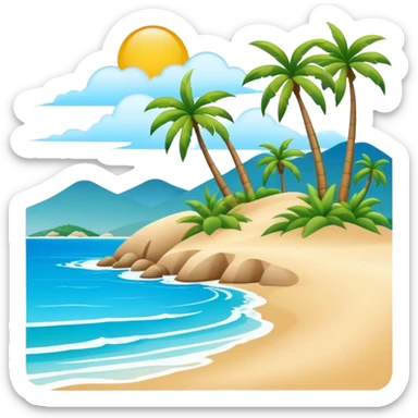 Sanya tropical beach Hainan Island with palm trees, simplified emoji style with bold outlines and bright colors, cartoon style beach with blue water sticker