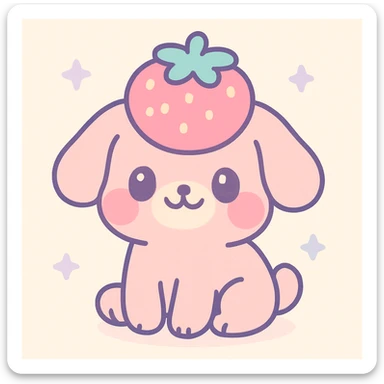 strawberry dog sitting, strawberry crown for hair, chubby cheeks, smiling, kawaii style sticker