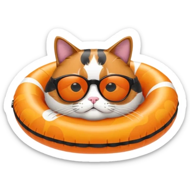 Fat calico cat with sunglasses lying on a pool floatie sticker