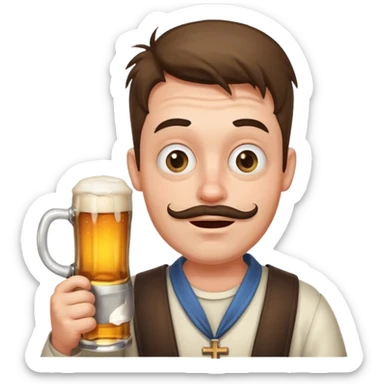 funny man with exaggerated, ridiculous expression holding a beer mug, cross eyed sticker