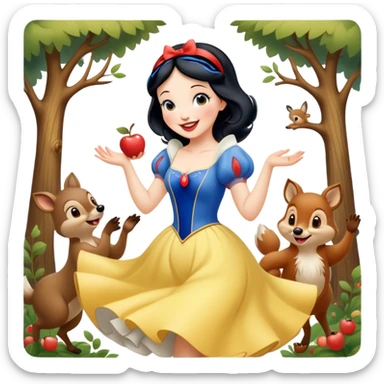 Cinematic Playful Snow White Portrait Emoji, Laughing while dancing with woodland animals, dress twirling gracefully, a whimsical sparkle in her eye, radiating charm and pure delight! sticker