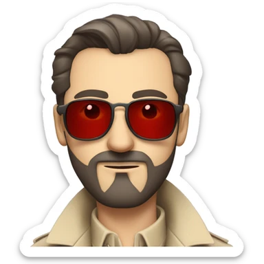 1930s investigator, a Caucasian man with short, dark hair and a rough beard, wears small red-tinted sunglasses and a dirty beige trench coat. He has a serious demeanor. sticker