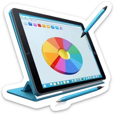 Create an emoji for 3D visualization and modeling. Show a large graphic tablet with a stylus drawing in a 3D modeling program. The 3D model on the screen should appear to protrude out of the screen. Use modern, professional colors. Make the background transparent. sticker