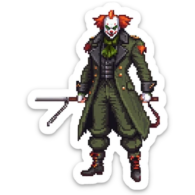 evil clown soldier, bald, small black horns on forehead, fangs, pointed ears, eye patch over one eye, long coat over black and military green clothes with bellbottom pants, tail, holding an Indiana Jones-style whip, realistically proportioned, less bulky, full body, fighting stance sticker