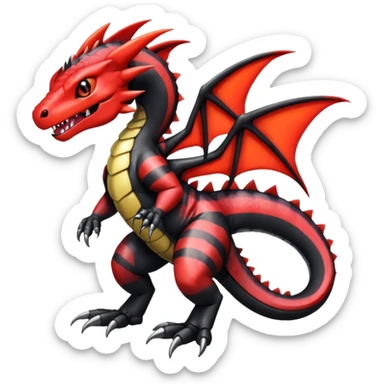 Cute Shiny striped black and red iridescent Guilmon-Salandit-Fakémon-hybrid-creature (full body)  sticker