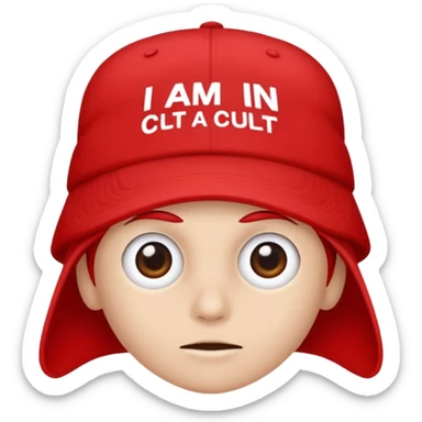 Red cap with no person wearing it that says "I AM IN A CULT" in white text sticker