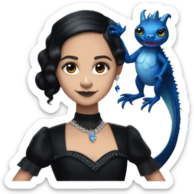 relaxed low-cut slinky black evening ball gown with lace gloves, Jenna Ortega as Wednesday Addams wearing a mini diamond tiara showing off a cute blue horned dragon ventriloquist puppet sticker