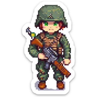 pixel art soldier, classic video game look, holding a rifle sticker