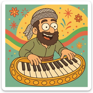 cartoon keyboard theme inspired by daf instrument and Kurdish dance, cheerful colorful background, keys with golden cartoon borders sticker