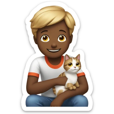 smiling boy sitting indoors with a cat sticker