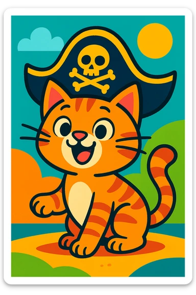cat with a pirate hat, cartoon style, colorful and cheerful, lively and joyful expression sticker