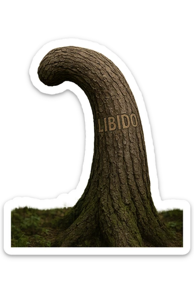 Realistic, vertical 4K illustration: a hyperrealistic tree trunk in a forest setting, noticeably bent, drooping, or wilted instead of standing upright. The bark is textured and detailed WITH THE WORD "LIBIDO" PRINTED ON IT, with subtle cracks and faded colors suggesting loss of vitality. Soft, natural light filters through the surrounding trees, casting gentle shadows. The scene is quiet and contemplative, with the trunk’s unusual, slumped posture symbolizing a decline in male libido. The background is lush and detailed, but the focus remains on the central, softened trunk, evoking a sense of vulnerability and introspection. sticker