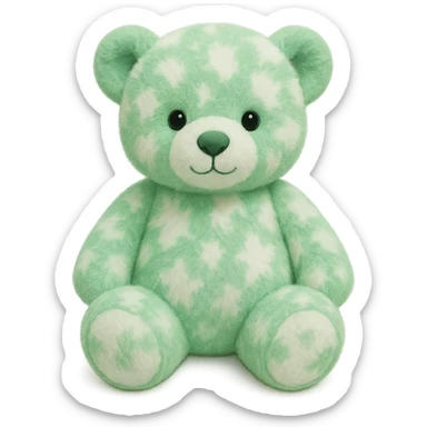 Change the teddy bear's fur to green and white, keep it soft and plush, no shadows, flat lighting, no background. The style should maintain the original look of the teddy bear in the image. sticker