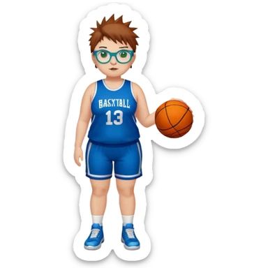 Full Body white chubby Girl with basketball spikey short brown hair  wearing blue glasses with green eyes sticker
