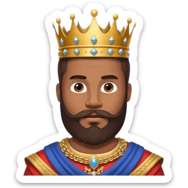 vull un perosnatge estil bimoji que sigui alt i fort amb una musculatura marcada i poderosa. Té una barba espessa i el cabell arriba fins a l'alçada del coll. Se'l representa amb la indumentària real i una corona al cap. sticker