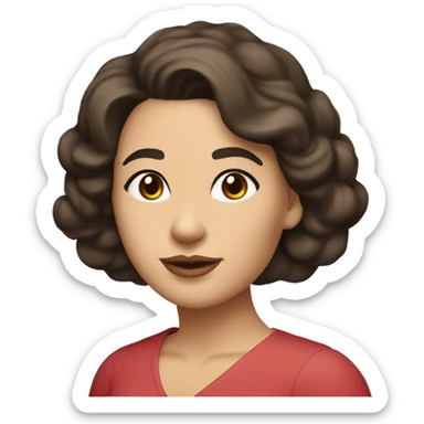 The woman has soft features, fair skin, and almond-shaped eyes. Her defined eyebrows and natural pink lips frame her face. Her dark, wavy hair is partly tied back, giving her an elegant yet relaxed look.  She wears a red V-neck dress. White skin. sticker