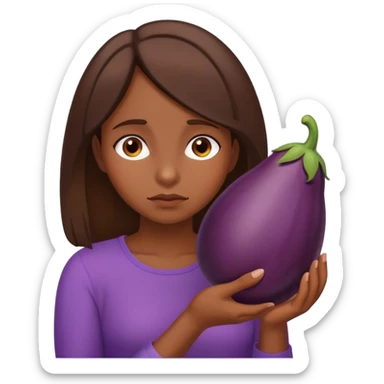 Sad brown hair girl hold eggplant sticker