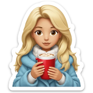 Tanned Girl with lashes , blonde hair, in an extremely big fluffy oversized coat and hold hot chocolate drink and more look like apple emoji face sticker