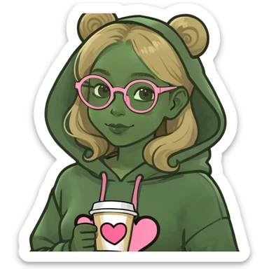 A girl with a love heart ok her hoodie with an espresso blonde hair brown eyes pinky gold glasses smiling and raining outside  sticker