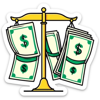 A balanced scale with money and dollar signs on one side and three colorful stars on the other side sticker