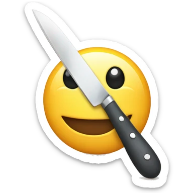 a friendly smiling emoji face holding a small kitchen knife, cartoon style.” sticker