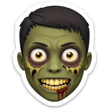 Make a boy zombie dark skin and short black 4c hair, showing a golden grilz teeth sticker
