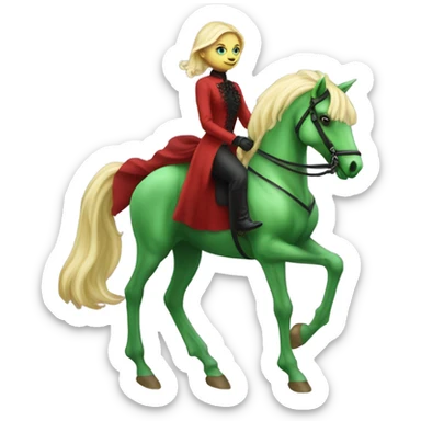 "galora green blonde alien woman" in red Victorian elegant dress, full body, rides winged horse

 sticker