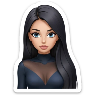 Glamours, tanned, very beautiful girl, with big pump peach-beige-rose lips, long long lashes, black straight smooth silky long hair, straight parting hair, blue-grey eyes in black long-sleeves bodysuit sticker