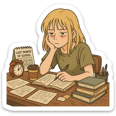 ghibli style blonde straight-haired girl in survival mode, cluttered desk, tired eyes, last month of school sticker