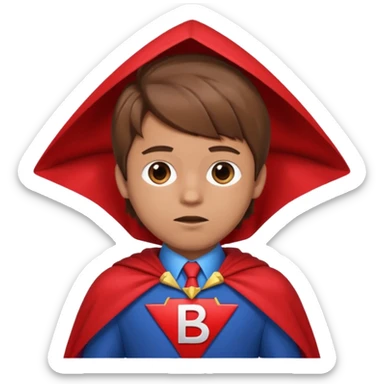 A cartoon boy with brown hair and a blue suit and a upside down triangle with a B on it with a red cape  sticker