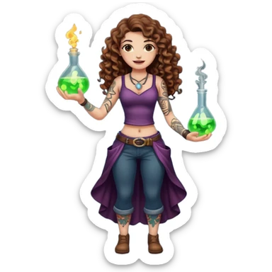 full body view of a woman with long curly brown hair, brown eyes, white skin, tattoos, holding a glowing potion flask at hip level, playful dangerous smile sticker