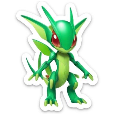a shiny green Genesect-Flygon-Raptor-Fakémon—hybrid with a futuristic visor-helmet full body sticker