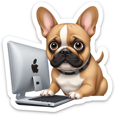 Fawn Frenchie with black muzzle working behind computer sticker