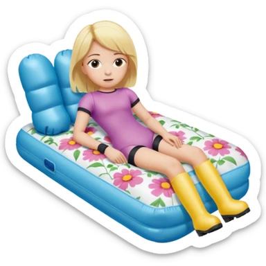 chica rubia con cara de miedo con unas botas de presoterapia inflables tirada en una cama sticker