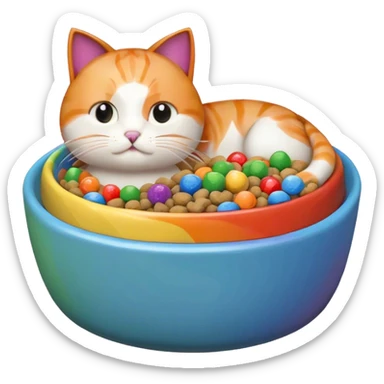 cute cat food bowl with white food inside, the food is piled on top of the bowl where it is so full. Make the kibble in the food bowl white with rainbow pieces sticker