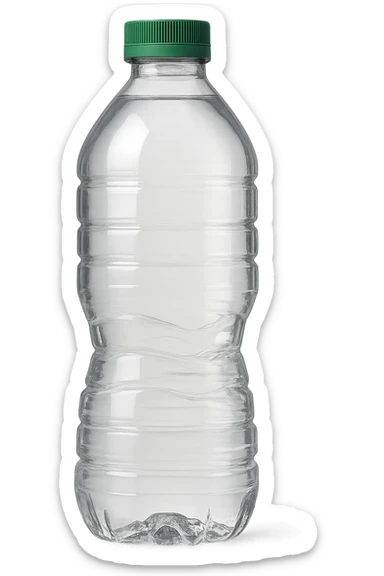 a clear plastic water bottle with a green cap, no label, inspired by Poland Spring, transparent, simple design sticker