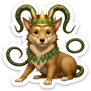 loki god of mischief as a dog. he as snakes. he wears a horned crown dynamic pose sticker