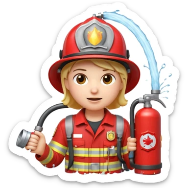 A 3D Apple-style emoji character dressed as a firefighter in a bright red uniform and helmet, holding a fire hose spraying water forward, determined expression with cartoonish eyes, water splashing effect, clean minimal background sticker