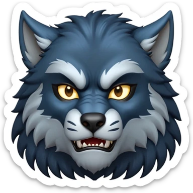 cinematic-noble-fierce-werewolf-portrait-emoji, poised-and-imposing, with a tall, slender, muscular frame, fur rippling in shades of midnight black and silver, eyes glowing with an intense, primal ferocity, reflecting the untamed power of the wild moonlit night; rendered with realism sticker