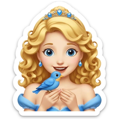 Cinematic Adorable Cinderella Portrait Emoji, Giggling softly while holding a tiny bluebird, golden curls bouncing, eyes sparkling with joy, wrapped in a soft golden glow, exuding warmth and charm, an irresistible blend of beauty and playfulness! sticker