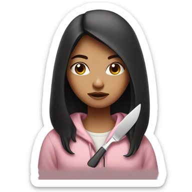 Girl with long dark hair in a light pink hoodie with a serious face holding a butter knife sticker