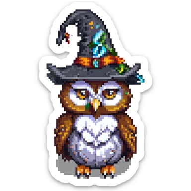 owl with a wizard hat pixel art sticker