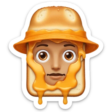 a toastie with melted cheese on the rim and an orange hat and two eyes in left  sticker