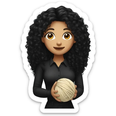 woman with long black curly hair holding one ball of yarn wearing a black shirt sticker