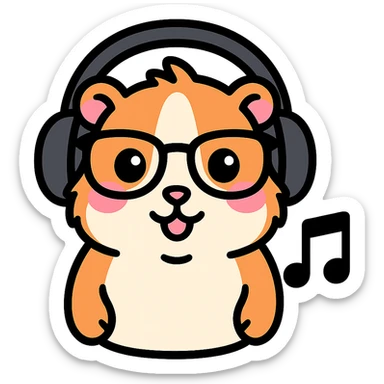 Make the guinea pig match the original reference: same face and glasses style, but wearing headphones and next to a music note for a music app, in a cute, outlined, colorful style. sticker