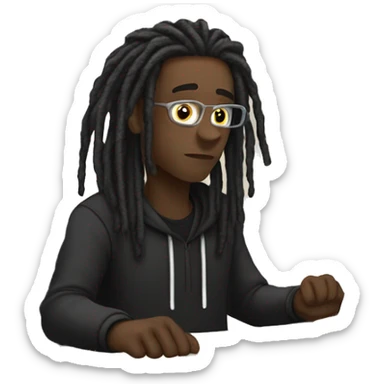 Black-guy-with-dreads-wearing-black-trackstuit-sitting-down-on-chair facing-foward-focused-on-laptop-computer- sticker