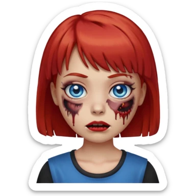 Zombie girl emoji with short red hair and bangs. Blue eyes, fair skin, and a black top. sticker