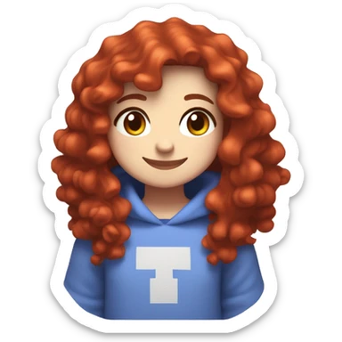 a white girl with long red curly hair and freckles, wearing periwinkle Minecraft hoodie playing a videogame smiling sticker